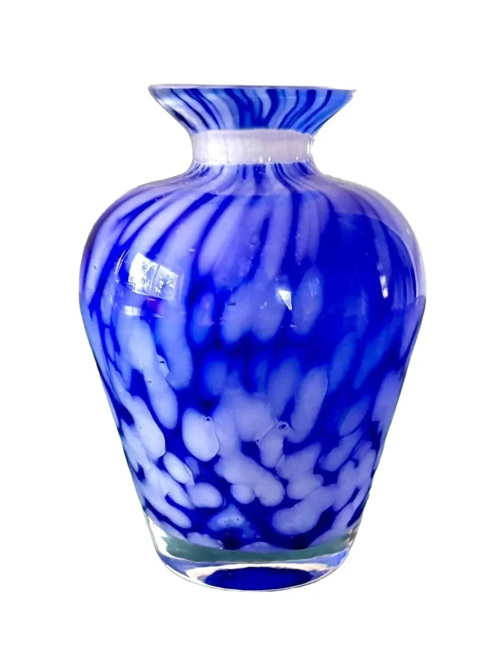 Vintage Cobalt Blue Art Glass Bud Vase White Spatter Hand Blown Mini Vase